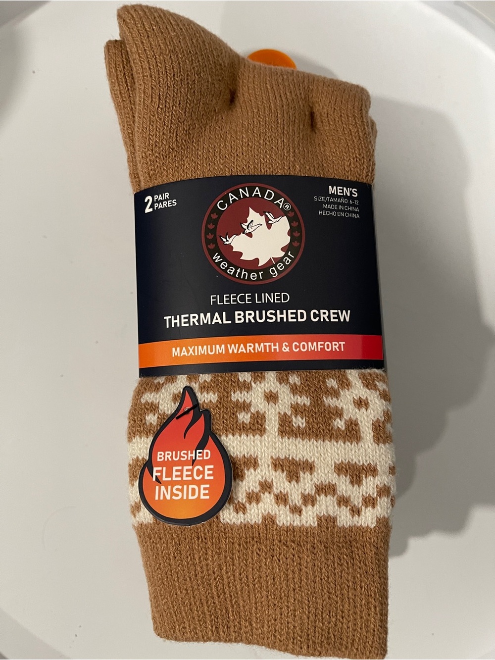 2 Pairs Canada Weather Gear Fleece Lined Men Thermal Brushed Socks Tan White